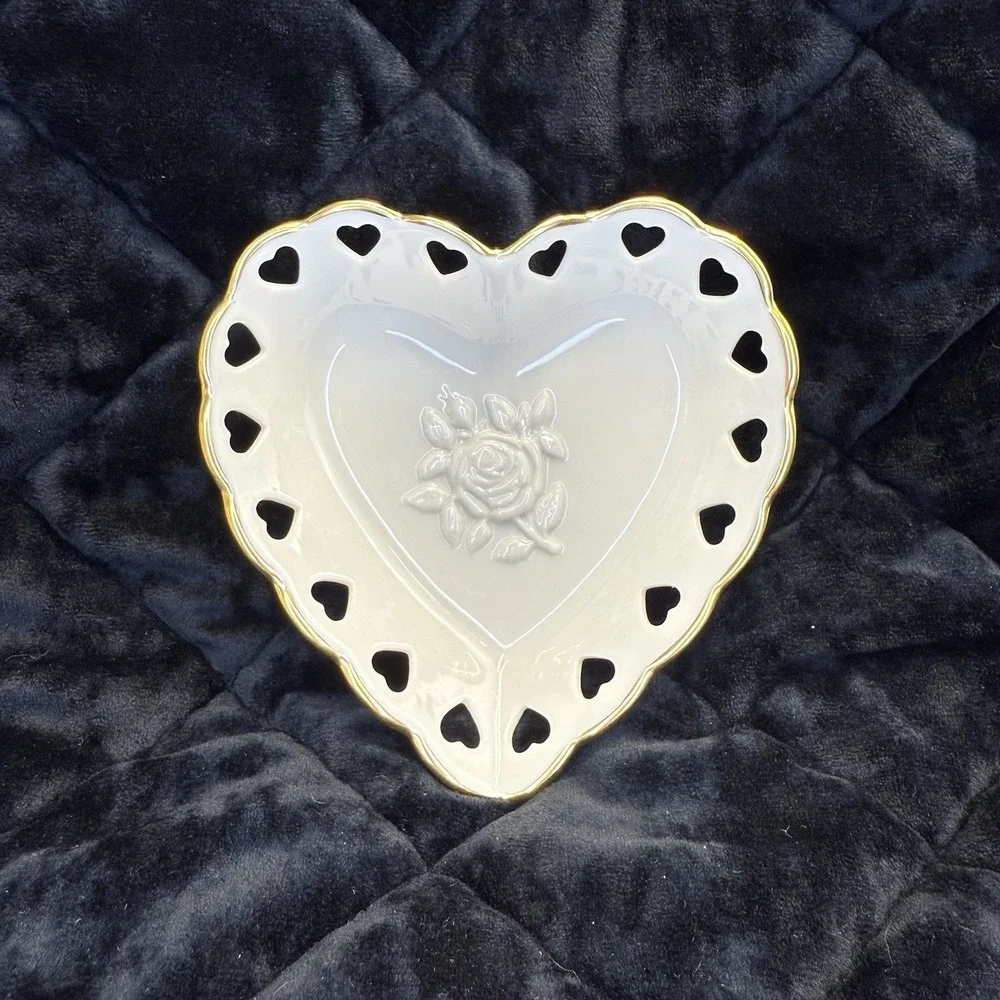 Lenox Heart‎ Shaped Embossed Rose, Gold Trim, Trinket Ring Dish
